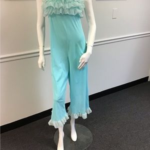 Vintage 1970s jumpsuit Sleepwear Ruffled Pantsuit Gown Babydoll blue Nightie